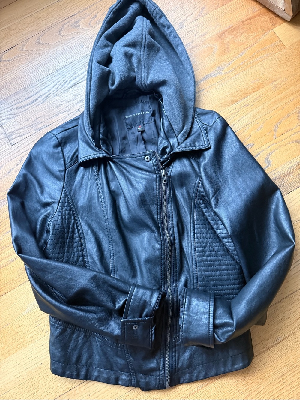 Rock & Republic Black Faux Leather Hooded Moto Jacket Quilted Size M